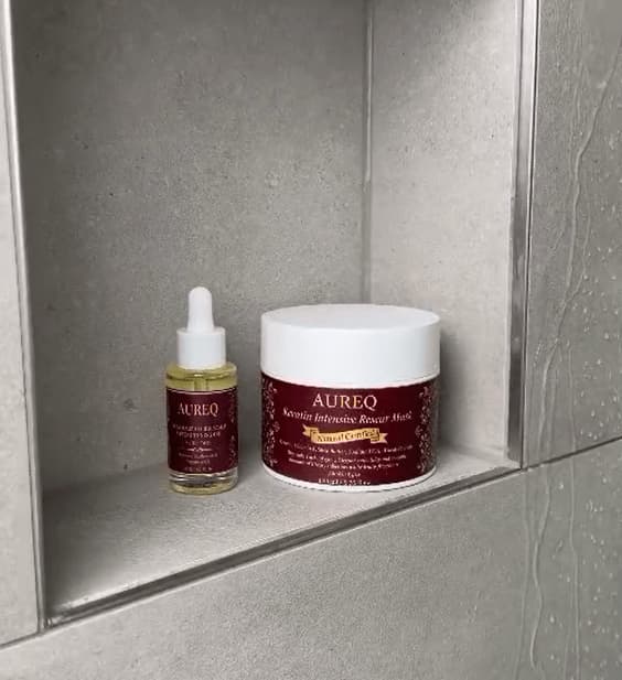 Rosemary oil hair care benefits: AUREQ hair serum and keratin rescue mask for healthy hair.