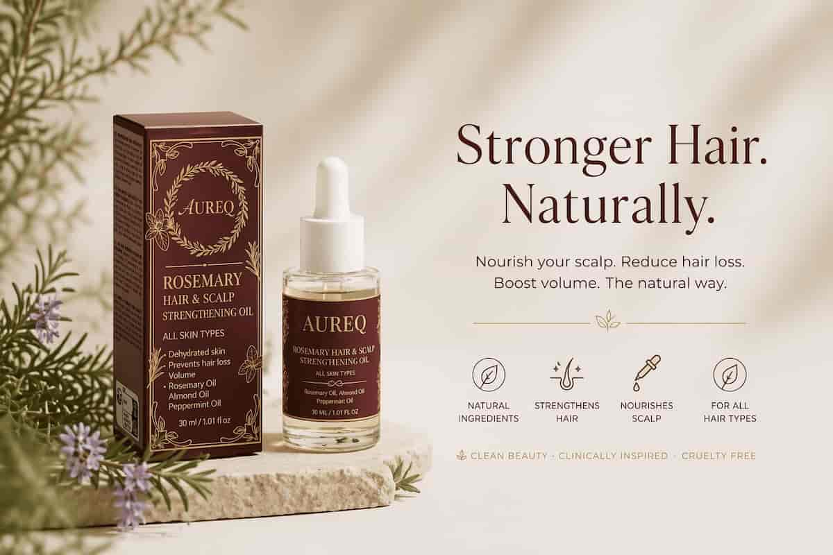 AUREQ Rosemary Oil Hair Benefits with rich text