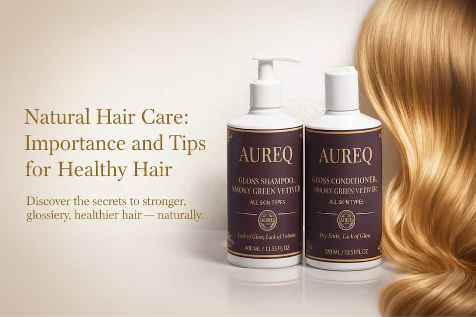 AUREQ Natural Hair Care products and woman's golden hair