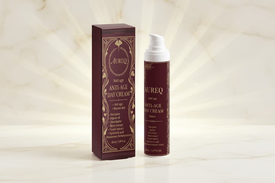 Natural vegan facial care product, AUREQ Anti-Age Day Cream with elegant packaging.