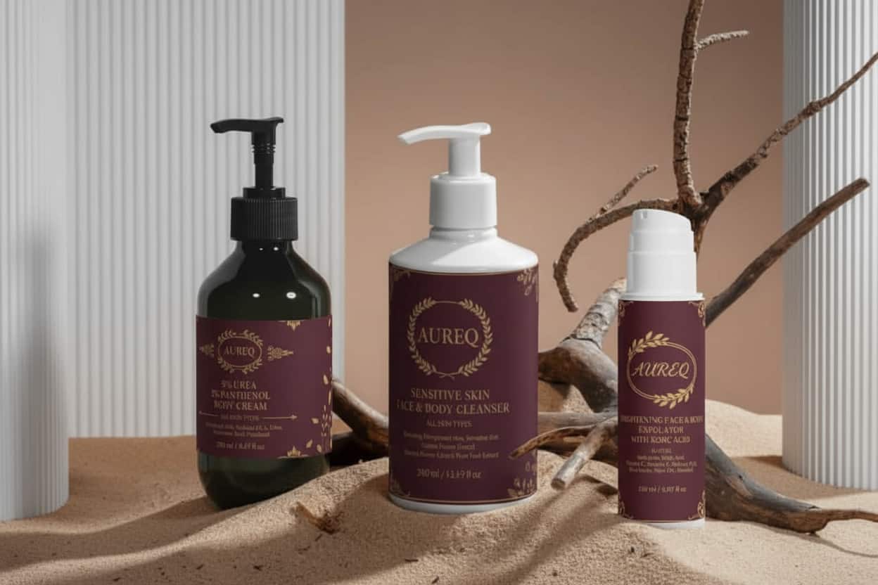 Natural body care collection featuring AUREQ products including moisturizer, cleanser, and serum on sandy surface.