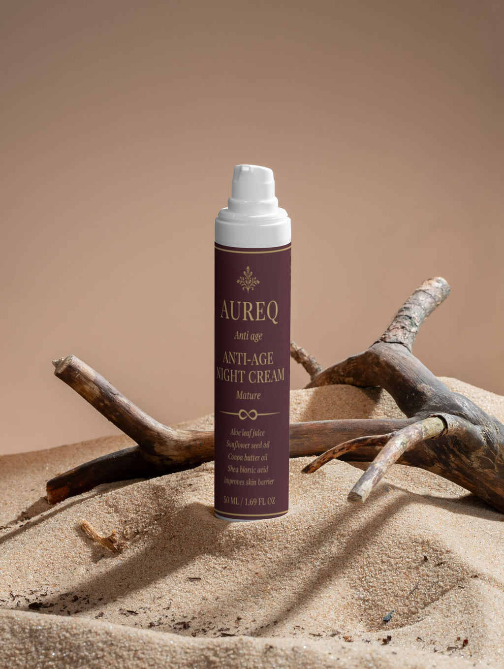 Collagen Anti-Age Night Cream on a wooden surface with sand in the background, highlighting its moisturizing benefits.