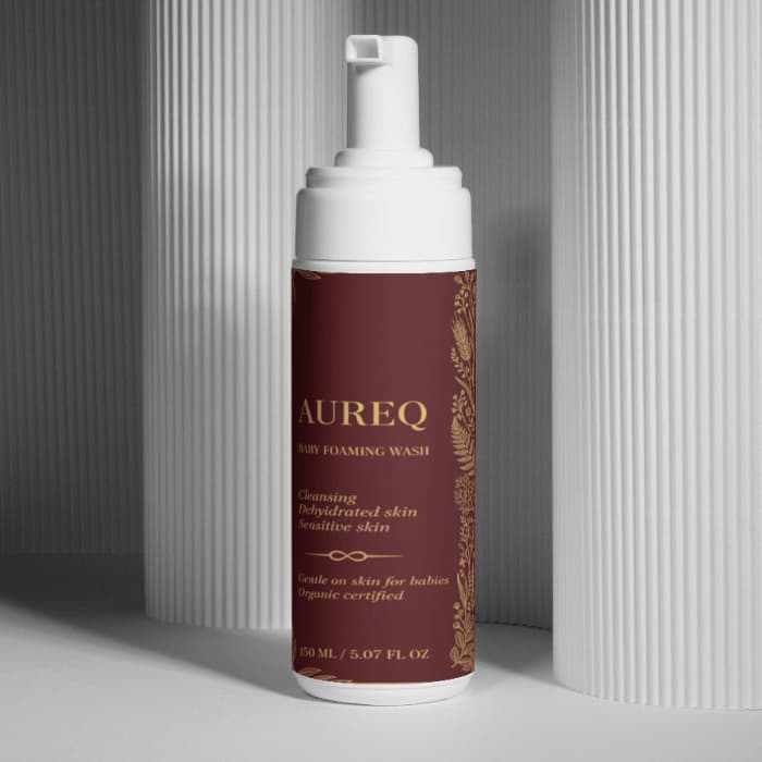 AUREQ Baby Foaming Wash bottle, gentle cleansing for dehydrated and sensitive skin, organic and soothing formula.