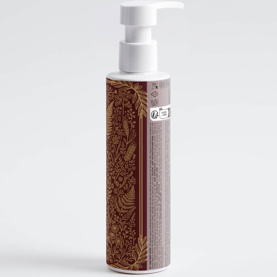 Baby Body Lotion - Organic Hydration for Delicate Skin in a pump bottle with floral design.