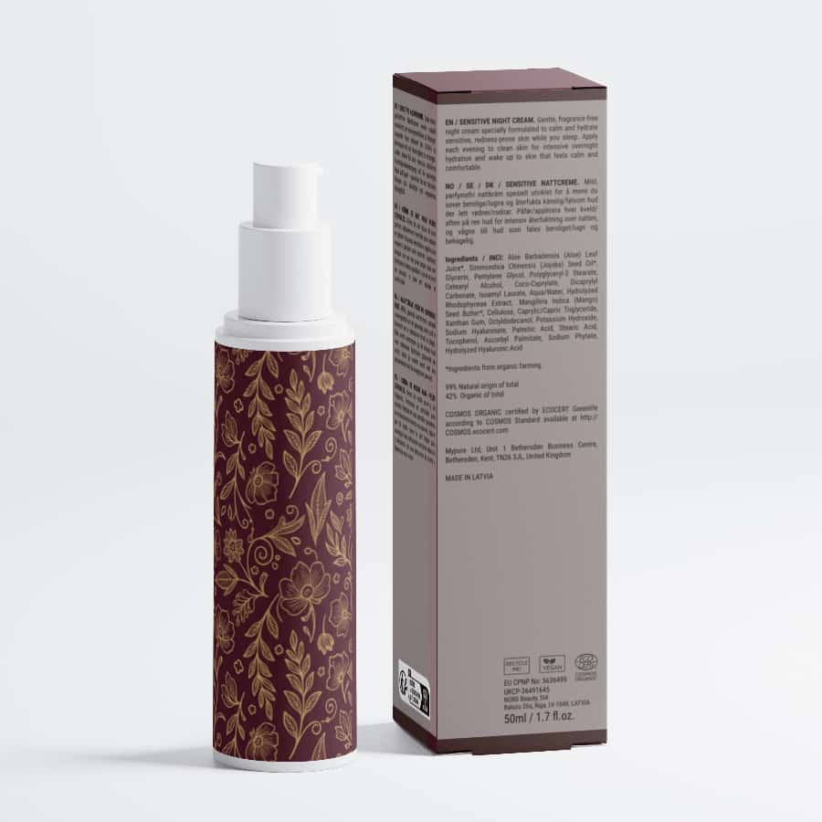 Sensitive Skin Overnight Cream, Fragrance-Free in a decorative bottle with a pump for easy application.