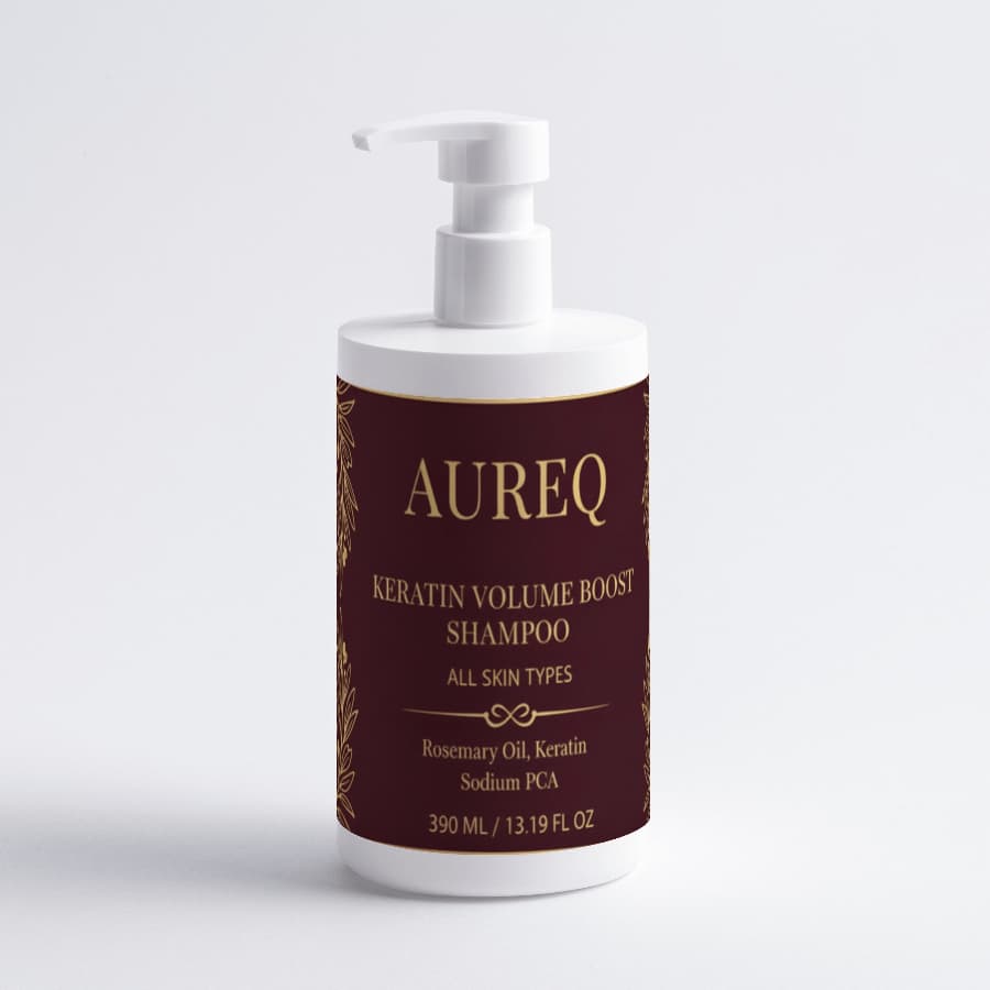 AUREQ Keratin Volume Boost Shampoo bottle with pump for all skin types, 390 mL.