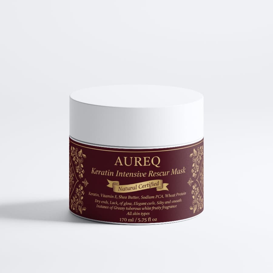 AUREQ Keratin Intensive Rescue Hair Mask jar on a neutral background, promoting hair restoration and nourishment.