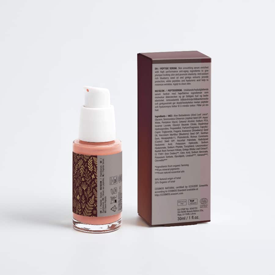 Peptide Anti-Aging Serum bottle with pump and packaging showcasing ingredients and usage information.