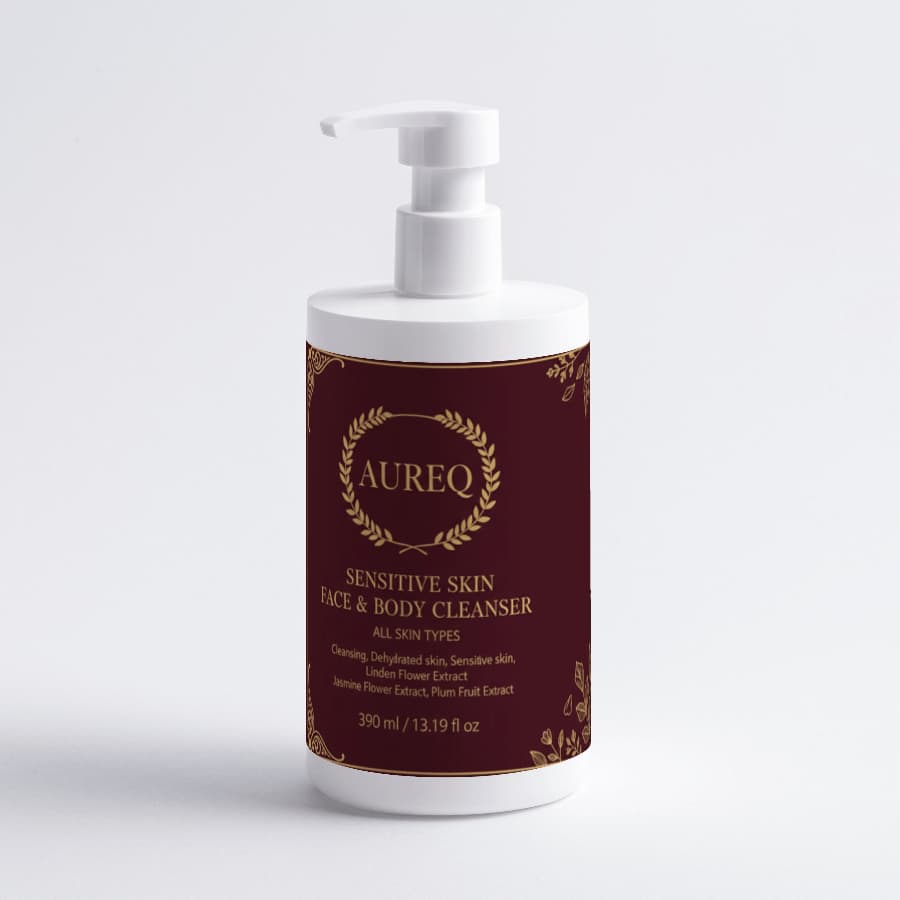 Sensitive Skin Face & Body Cleanser by Aureq in a pump bottle, designed for sensitive skin, 390ml.