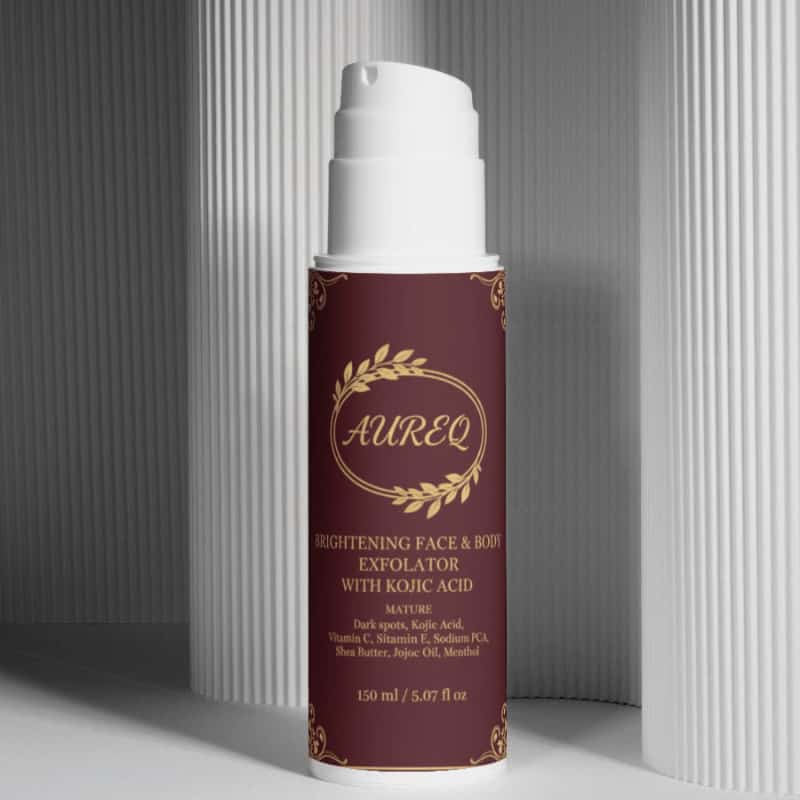 Brightening Face&Body Exfoliator with Kojic Acid in elegant packaging on a textured background.