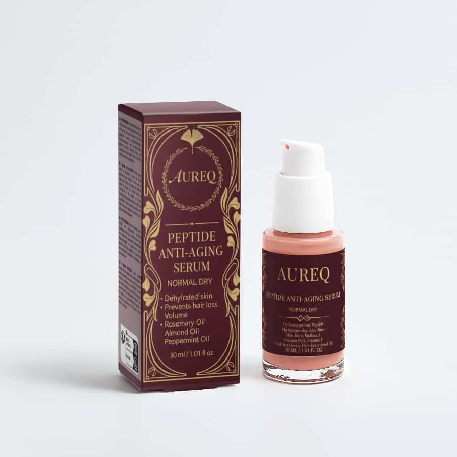 AUREQ Peptide Anti-Aging Serum in packaging, designed for normal dry skin to combat fine lines.