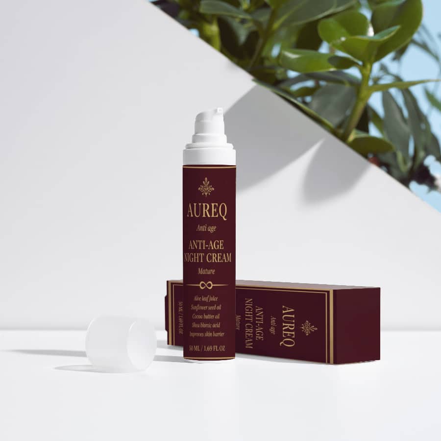 Collagen Anti-Age Night Cream in elegant packaging with pump, set against a green backdrop.