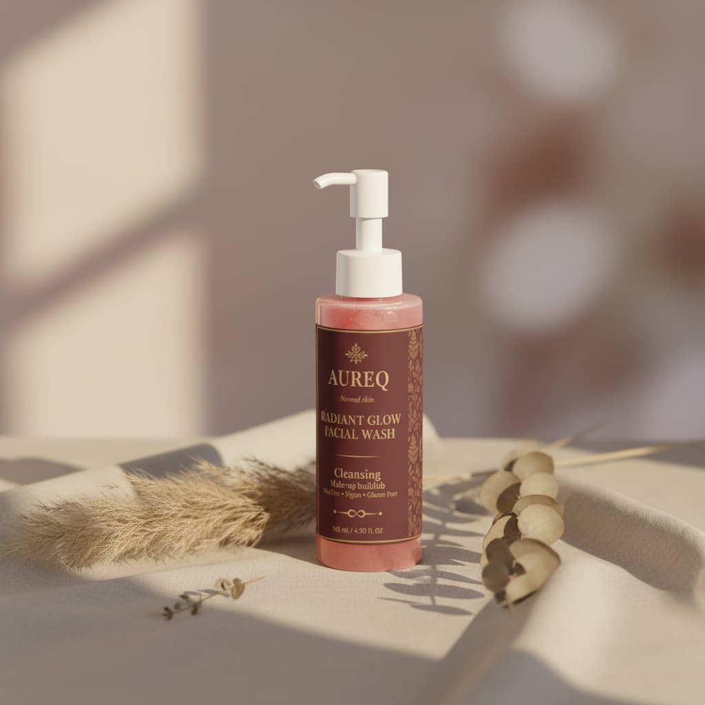 Radiant Glow Facial Wash - Refresh & Revitalize Your Skin bottle on a neutral background with dried flowers.