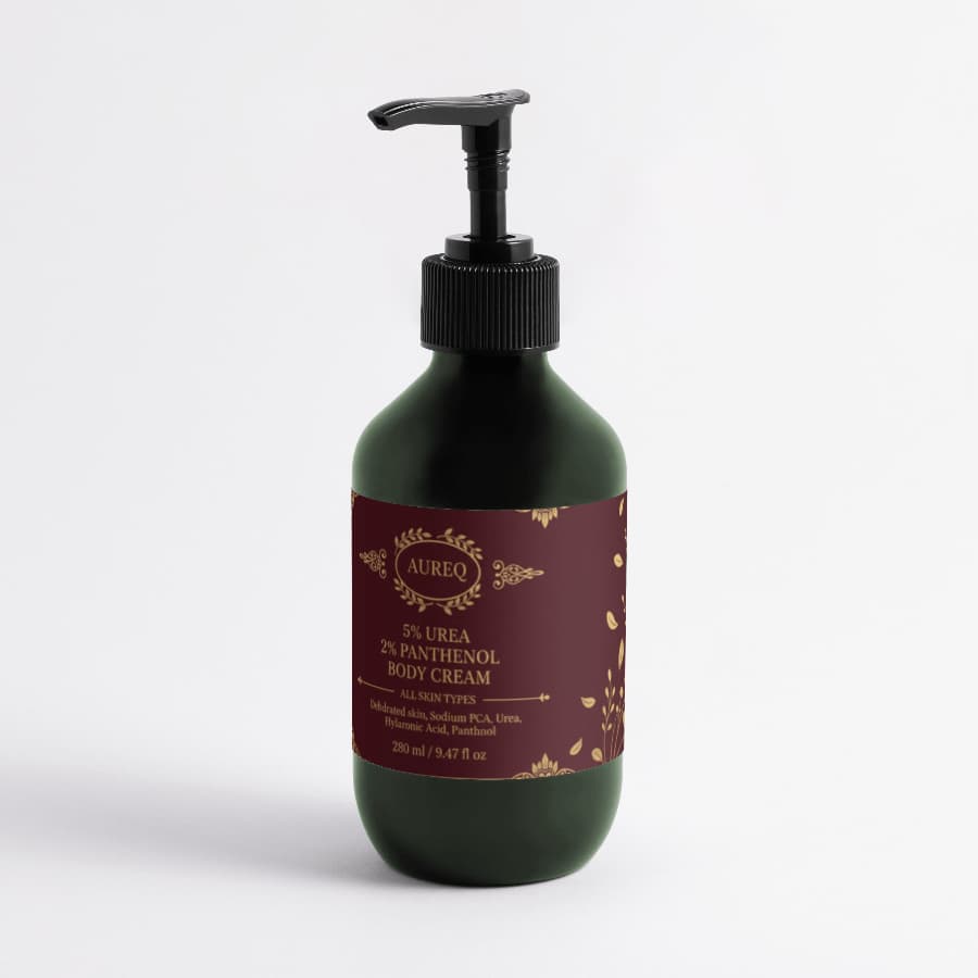 5% Urea + 2% Panthenol Body Cream in a green bottle with pump, designed for intensive moisturization.