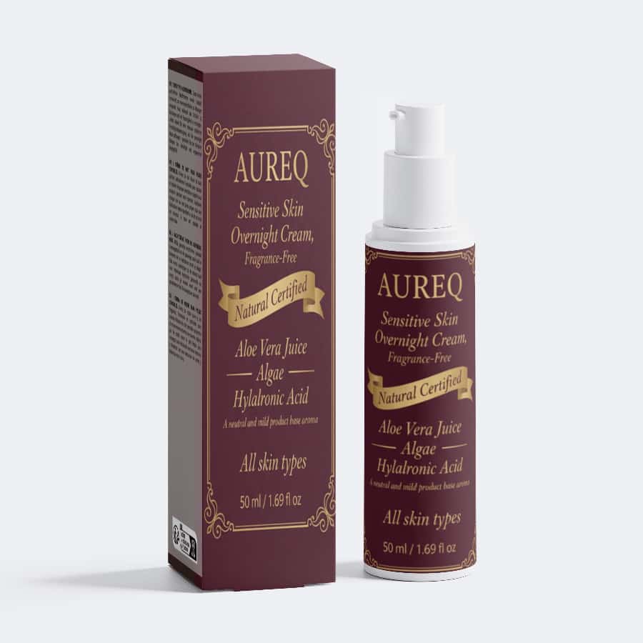 AUREQ Sensitive Skin Overnight Cream, Fragrance-Free in a bottle with natural ingredients and packaging.
