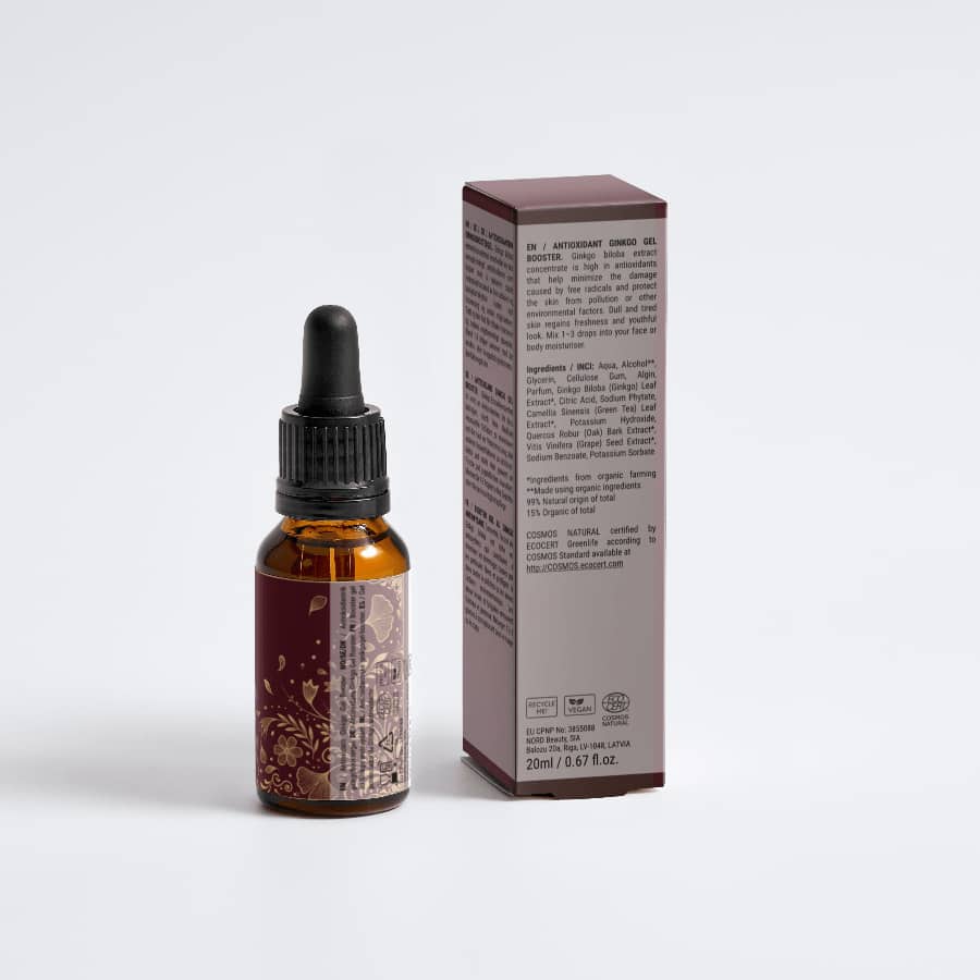 Antioxidant Ginkgo Gel Booster bottle with dropper and packaging on a white background.