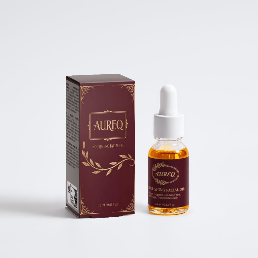 Aureq Nourishing Facial Oil bottle with box, showcasing organic skincare for deep nourishment and natural glow.