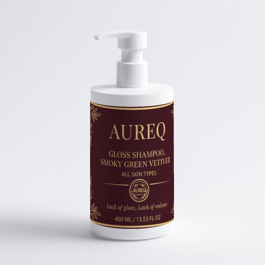 AUREQ Gloss Shampoo, Smoky Green Vetiver bottle with pump, designed for all skin types.