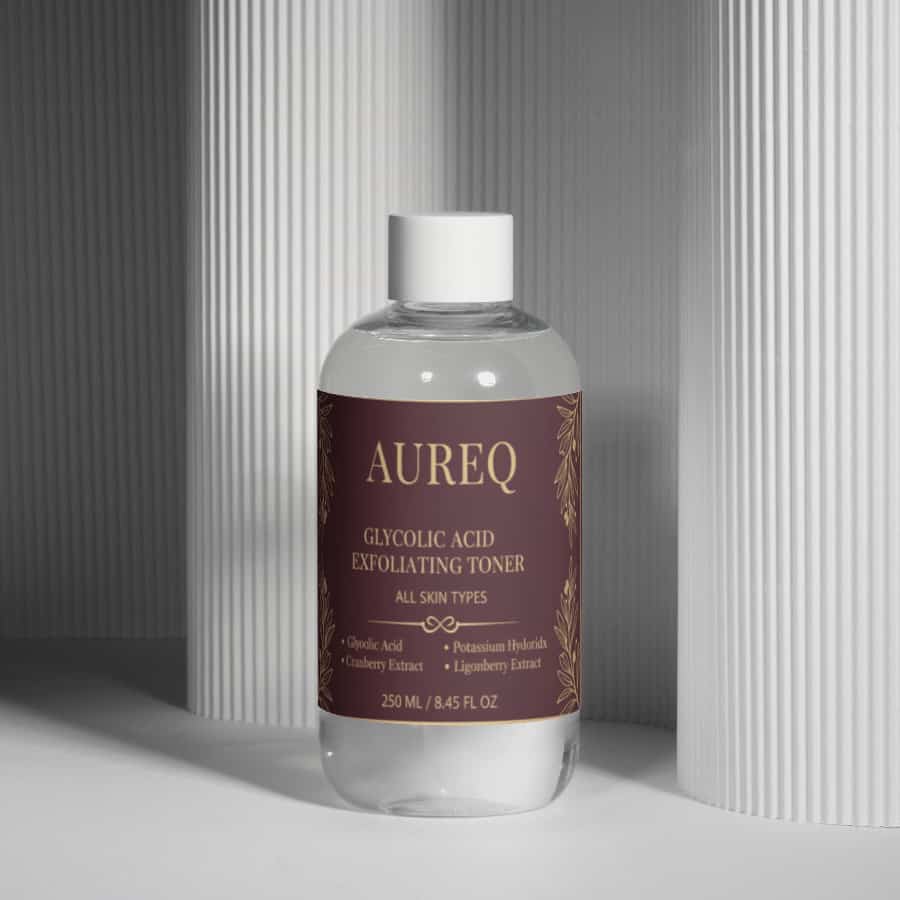 Glycolic Acid Exfoliating Toner by AUREQ in a sleek bottle on a minimalist background.