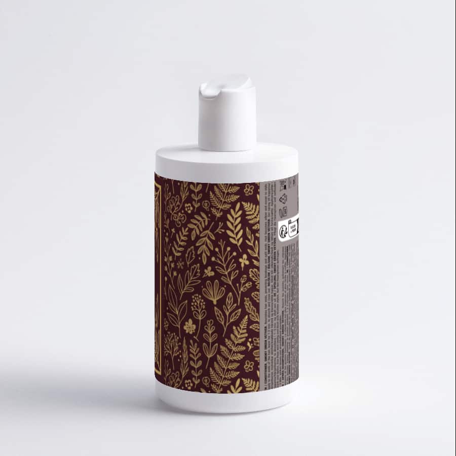 Gloss Conditioner, Smoky Green Vetiver bottle with floral design and label, ideal for nourishing and taming frizz.