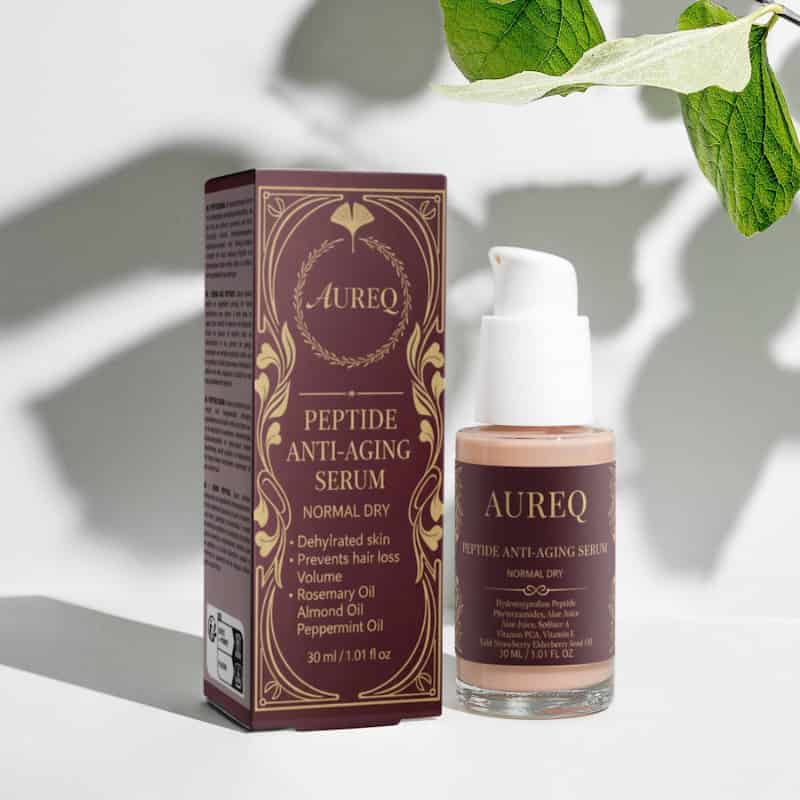 Peptide Anti-Aging Serum from AUREQ in a stylish bottle with a box, promoting youthful skin and combating fine lines.
