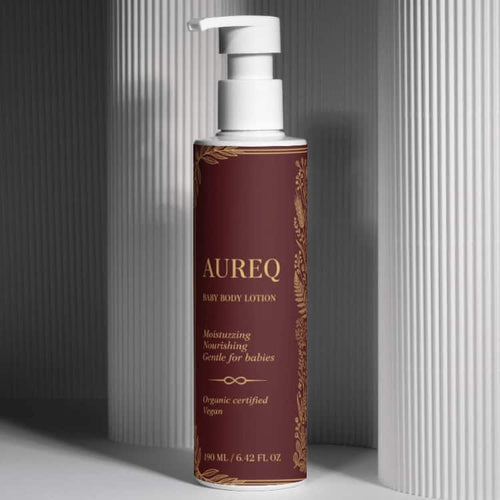 AUREQ Baby Body Lotion - Organic Hydration for Delicate Skin in a pump bottle on display.