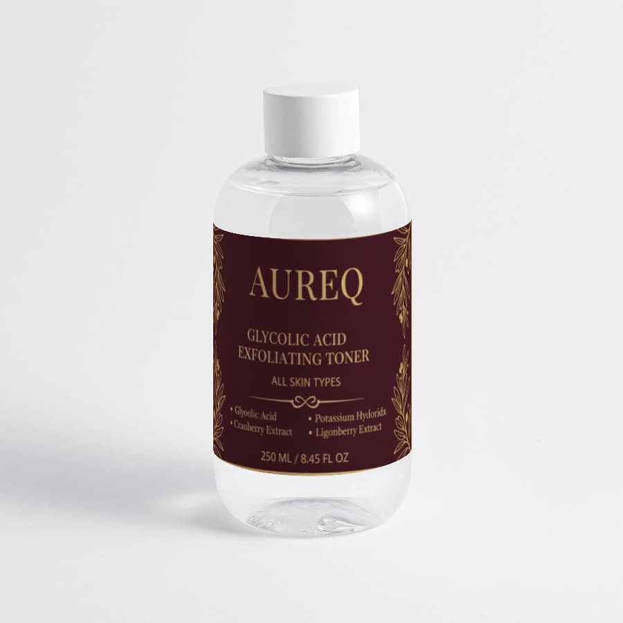 AUREQ Glycolic Acid Exfoliating Toner bottle with ingredients for all skin types, 250 mL.