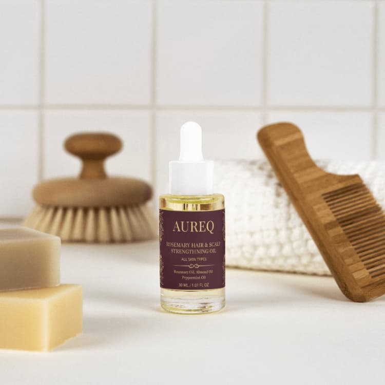 AUREQ Rosemary Hair & Scalp Strengthening Oil displayed on a countertop with natural brushes and organic soap.