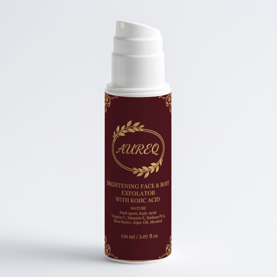 Brightening Face&Body Exfoliator with Kojic Acid by AUREQ in a sleek bottle for radiant skin and even tone.