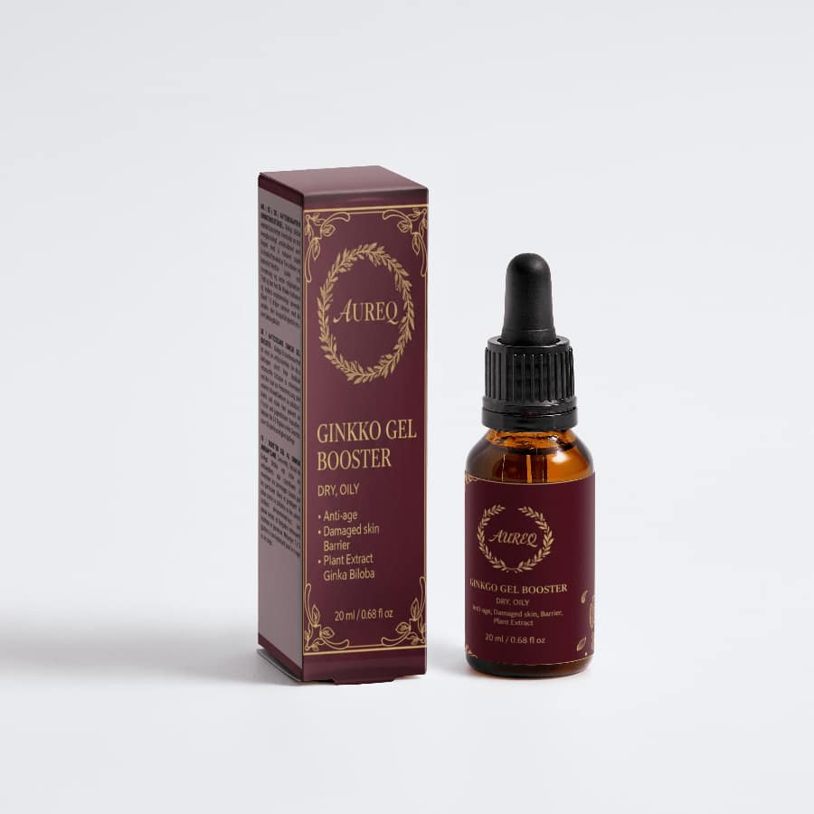 Antioxidant Ginkgo Gel Booster in a glass dropper bottle with box, designed for skin protection and hydration.