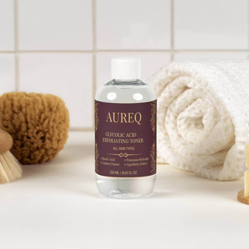 AUREQ Glycolic Acid Exfoliating Toner bottle on a bathroom counter with skincare accessories.